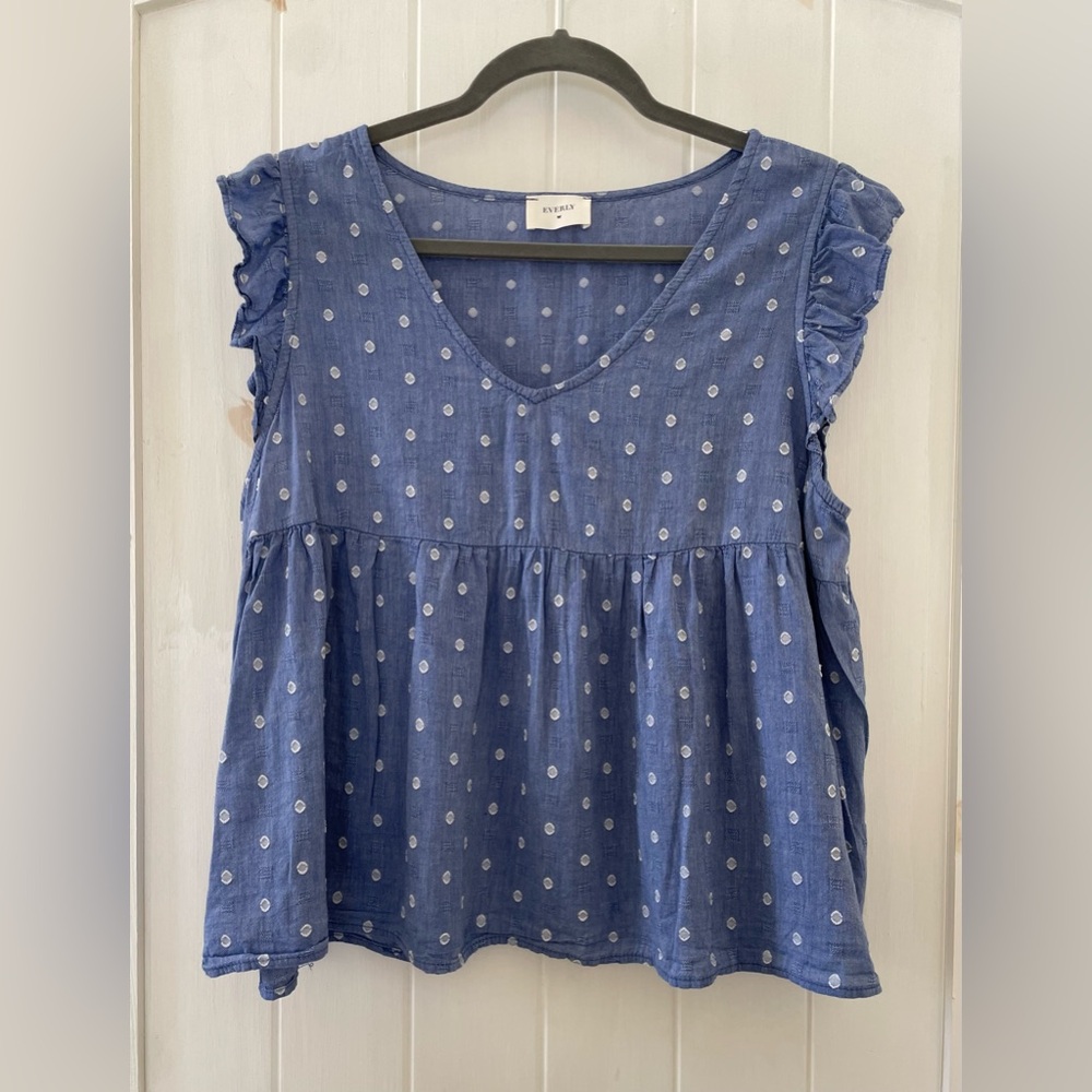 Everly Blue Polka Dot Ruffle Babydoll Top Blouse Size XL Cotton Blend